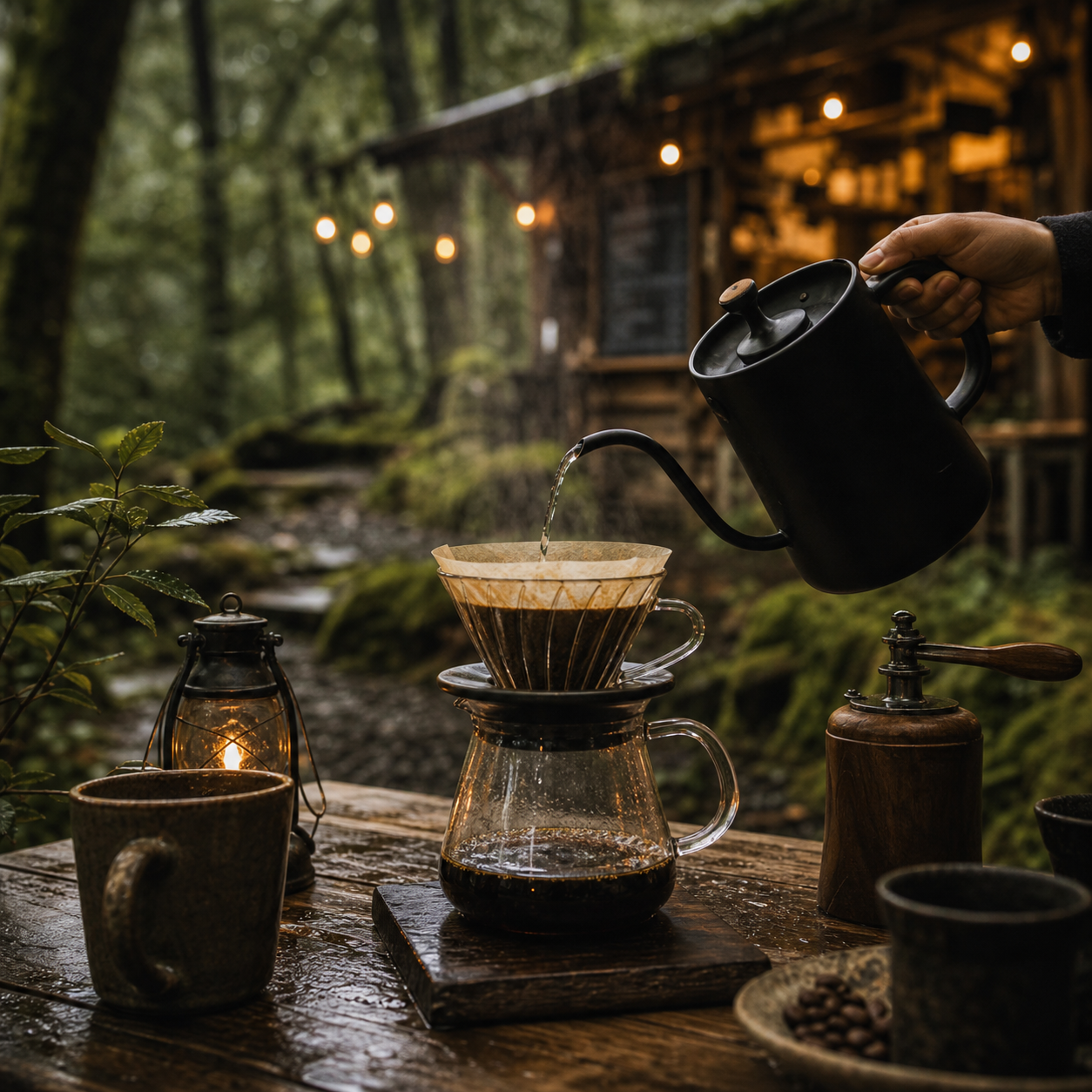 屋外テーブルで淹れるハンドドリップコーヒー