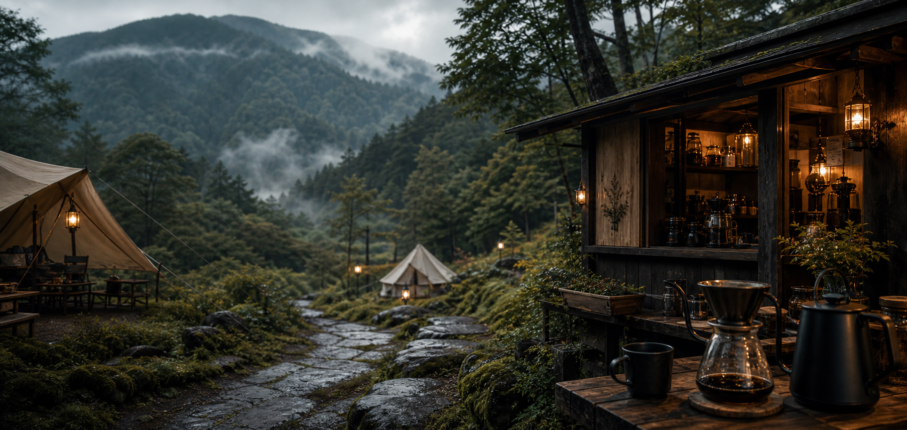 霧の山あいにあるキャンプサイトと木製カフェ