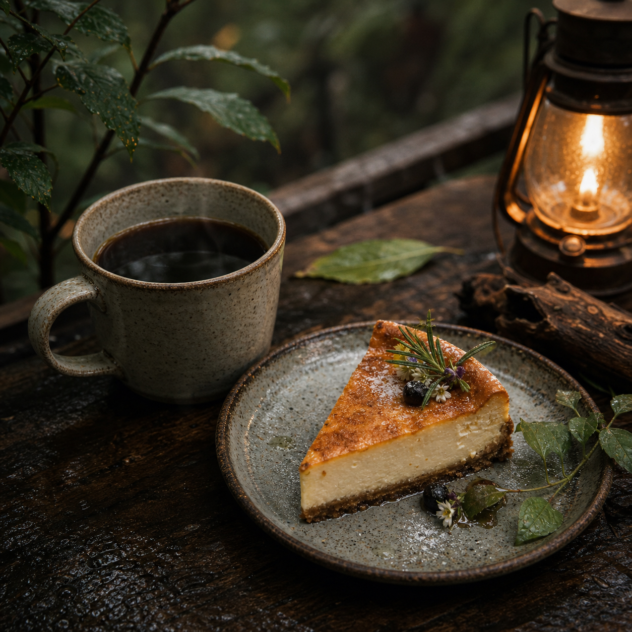 陶器のコーヒーカップと季節のチーズケーキ